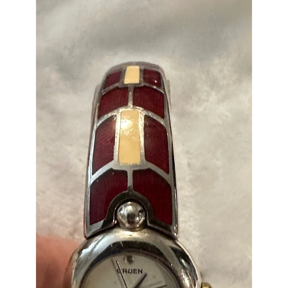 Gruen Quartz Bangle Watch Red and‎ Silver Tone Stylish Womens Jewelry